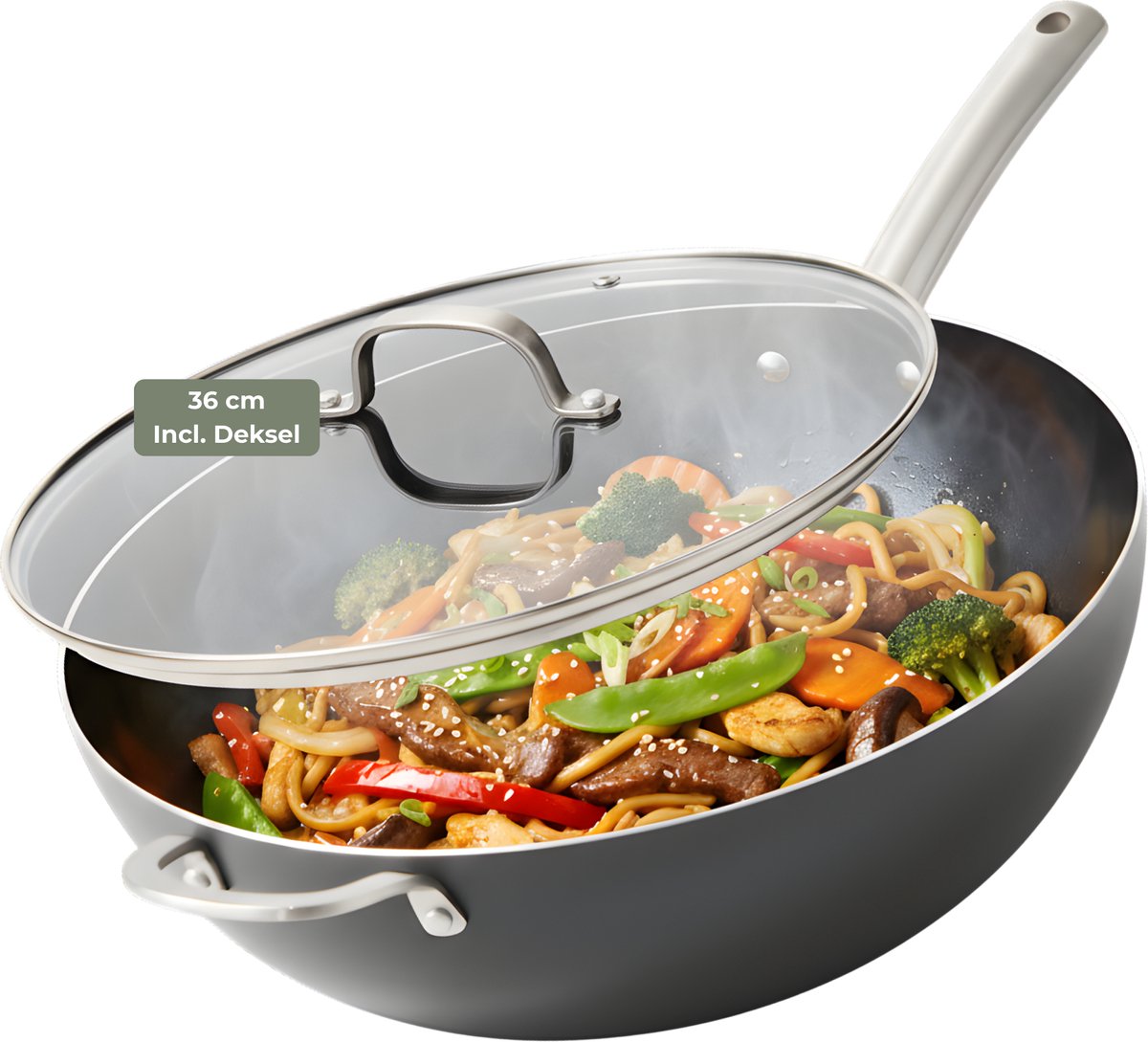 ISENVI Murray - Wokpan - 36 cm - keramische pan - wokpan inductie - wokpan met deksel - RVS handgreep