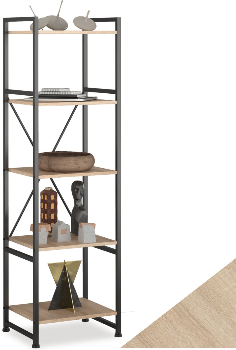 tectake® - Wandkast boekenkast met 5 planken en stalen frame voor boeken, bloemen, ornamenten, industriële stelling voor woonkamermeubilair, kantooropslag, slaapkamer - lichtbruin