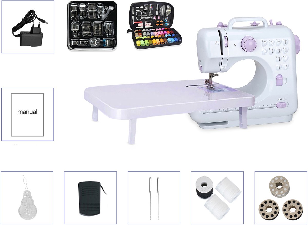 Creatorally 505A Mini Naaimachine - 12 steektypen - met Expansieboard 11 stuks Naadvoetjes 97 stuks Naaiset - Naaiset - Sewing Machine Beginners Set - Electronische naaimachine - Paars
