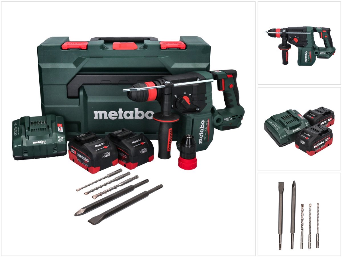 Metabo KH 18 LTX BL 28 Q accu-boorhamer 18 V 3 J SDS plus Brushless + 2x accu 5,5 Ah + oplader + 5-delige boor- en beitel set + metaBOX