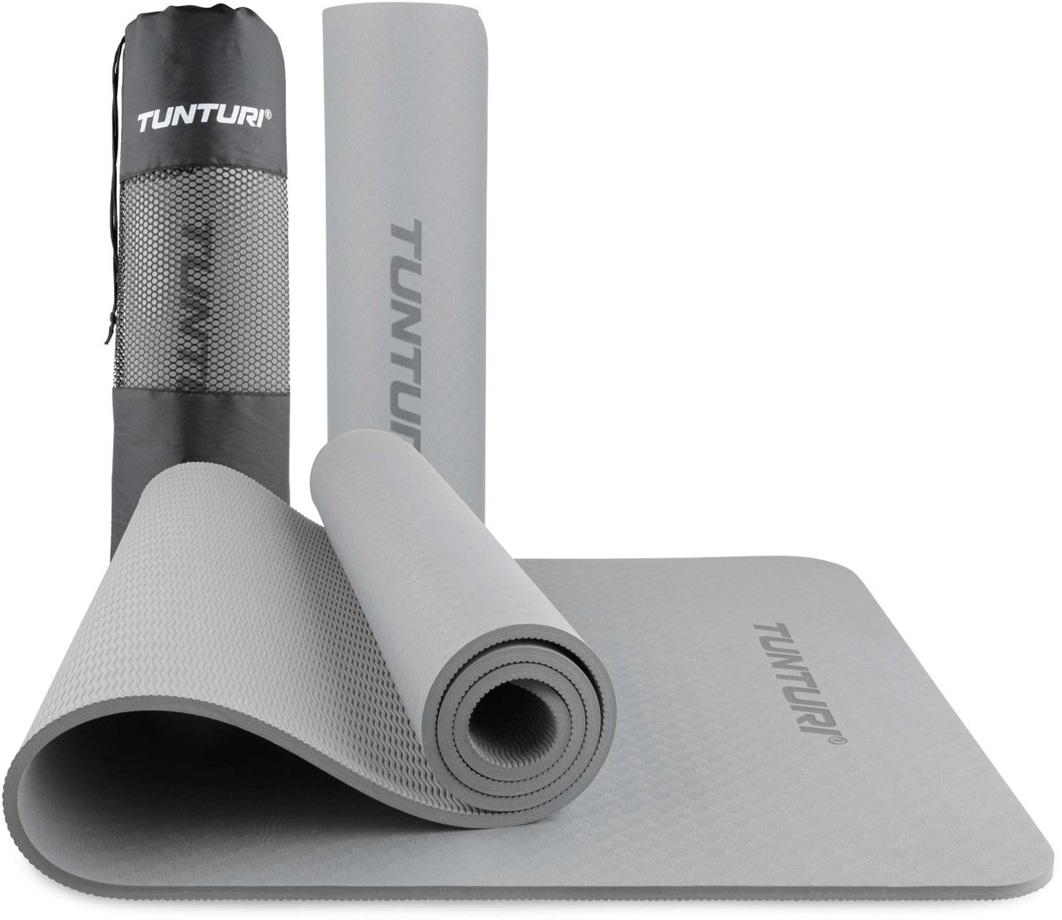 Tunturi Yogamat 8mm - Pilates mat- Extra dikke sportmat - 183x61x08 cm - Incl Draagtas - Anti Slip en Eco - Grijs