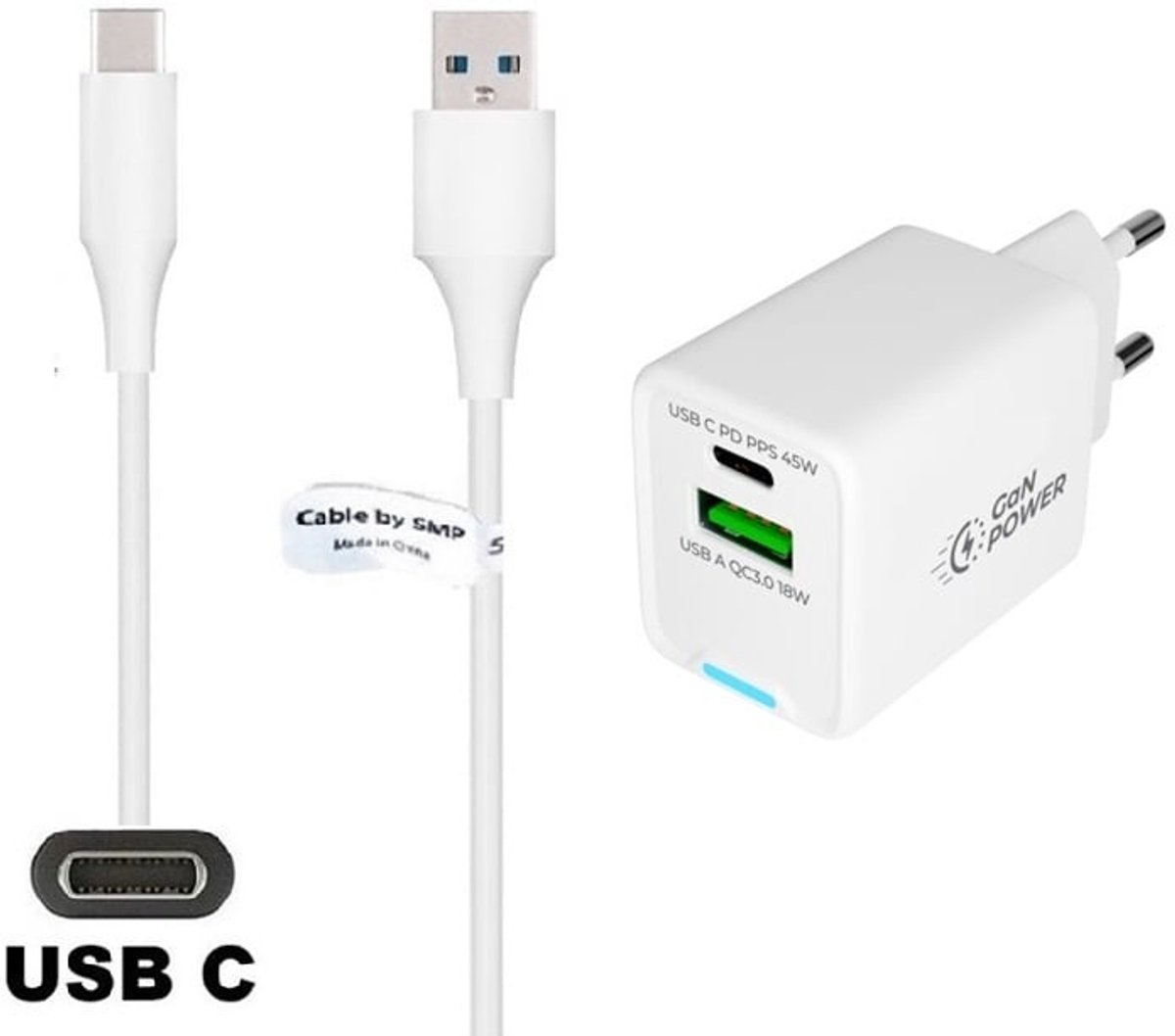 OneOne 45W super snellader met 2 poorten + 1,8m sterke USB C kabel. PD lader. Oplader adapter past op Nokia T20, T21, X10, X100, X20, X30, X5, X7, X71, XR20, XR21, 9 PureView