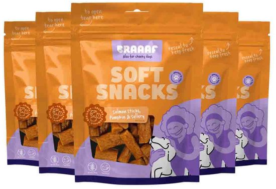 Braaaf Sticks Hondensnack Zalm - Pompoen - Selderij - 5 x 85 gr - Voordeelverpakking