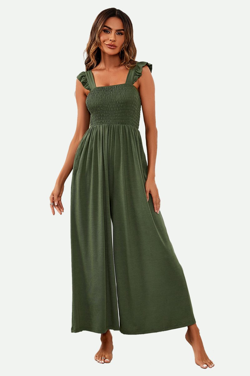 Jumpsuit met bandjes en ruches in olijfgroen