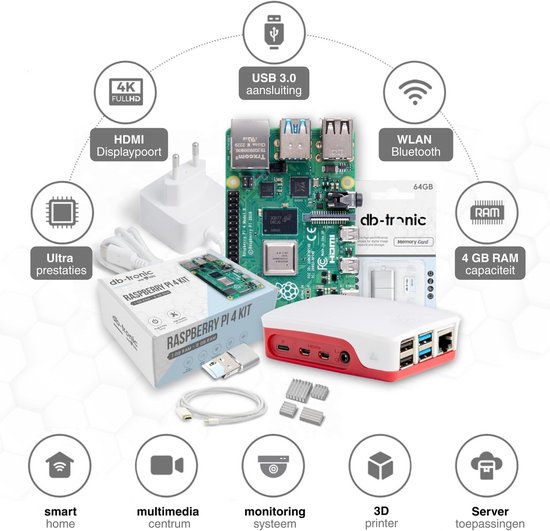 Voeding Raspberry Pi 4 Raspberry Pi 4 4GB Starterskit | 64 GB-editie | Officiële voeding 15 W ...