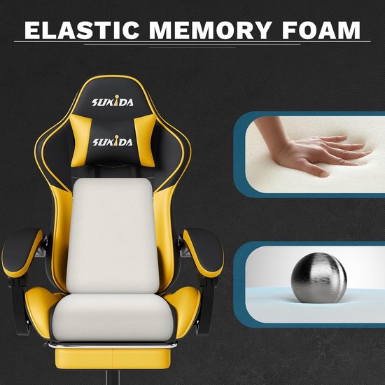 Gele Gamingstoel met Voetsteun en Massagekussen - Ergonomische Spelstoel voor Volwassenen — afbeelding 3