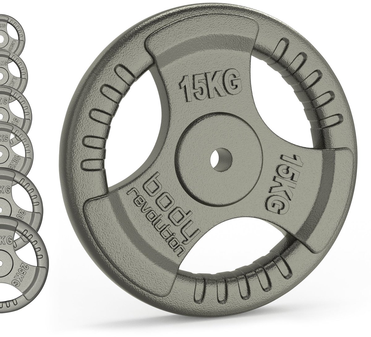 2x 15kg gietijzer, tri-grip, 25mm gat, voor thuis of sportschool