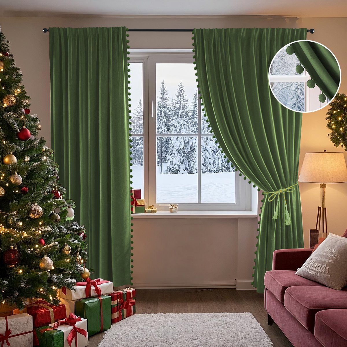 Qelus Kerstgroene 2 Stuks Fluwelen Verduisterend Gordijnen met Pompons - Kant en Klaar - 132x244 cm Winter Gordijn met Plooiband - Kerstdecoratie voor Woonkamer & Slaapkamer