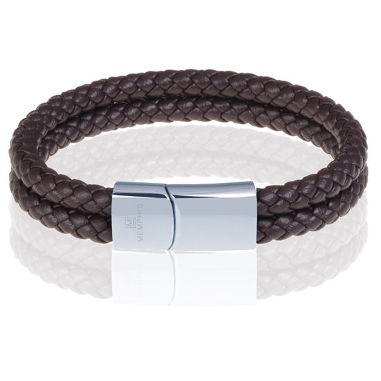 Bracelet double cuir Memphis Marron foncé Couleur argent-22cm