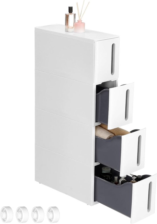 SONGMICS KFR08WT Mobiele nisrek, smalle rolwagen met 4 laden, uittrekbare legwagen, badkamerrek, keukenkast met afneembare wielen, PP, ruimtebesparend, 45 x 17 x 84 cm, wit