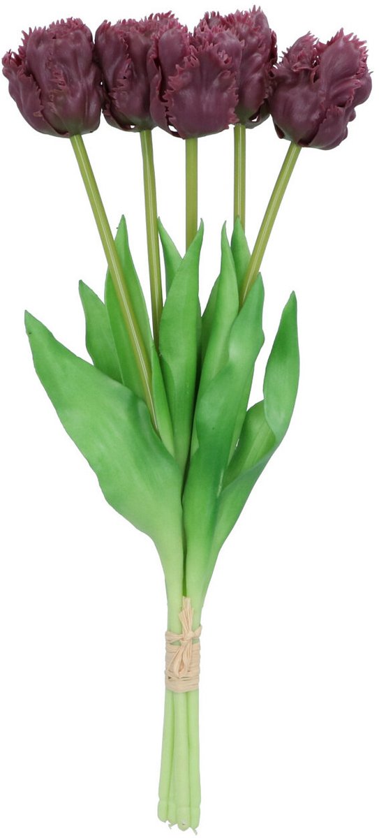 DK design Kunst tulpen boeket - 5x stuks - donker paars - real touch - 39 cm - levensechte kunstbloemen