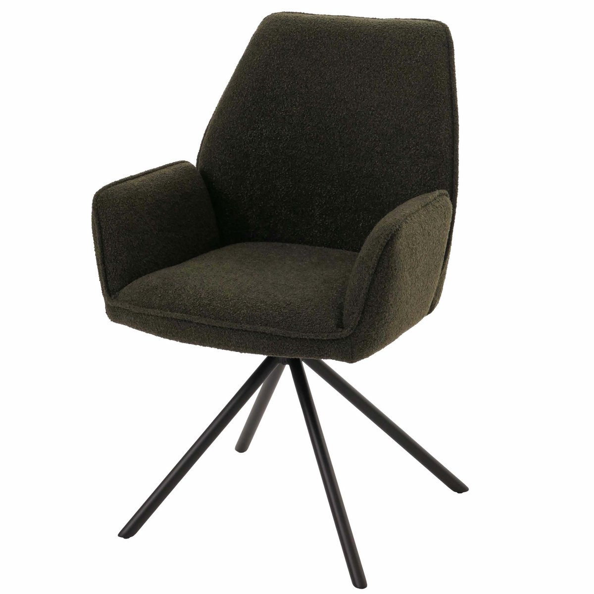 MCW Eetkamerstoel MCW-G67, keukenstoel met armleuningen, draaibaar met automatische terugkeerfunctie, stof/textiel bouclé MVG ~ olijfgroen