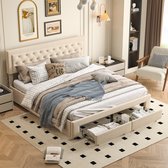 Lit double 160x200 cm – Lit coffre en velours beige avec 2 tiroirs en pied – Lit de chambre moderne avec rangement supplémentaire