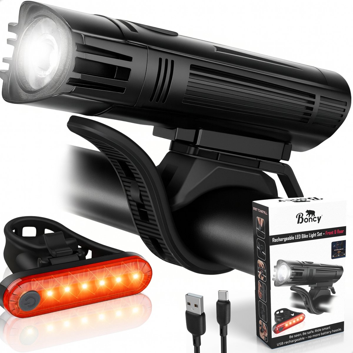 Boncy® Premium Fietslamp Set - USB Oplaadbaar - Fietsverlichting Voorlicht & Achterlicht Fiets - Fietslicht LED Verlichting Voor en Achter - Oplaadbare Fietslampjes Wit & Rood - Koplamp Fietslichten Voorlamp & Achterlamp - Mountainbike Licht Lamp