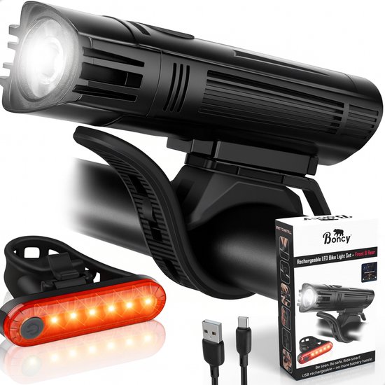 Boncy® Premium Fietslamp Set - USB Oplaadbaar - Fietsverlichting Voorlicht & Achterlicht Fiets - Fietslicht LED Verlichting Voor en Achter - Oplaadbare Fietslampjes Wit & Rood - Koplamp Fietslichten Voorlamp & Achterlamp - Mountainbike Licht Lamp