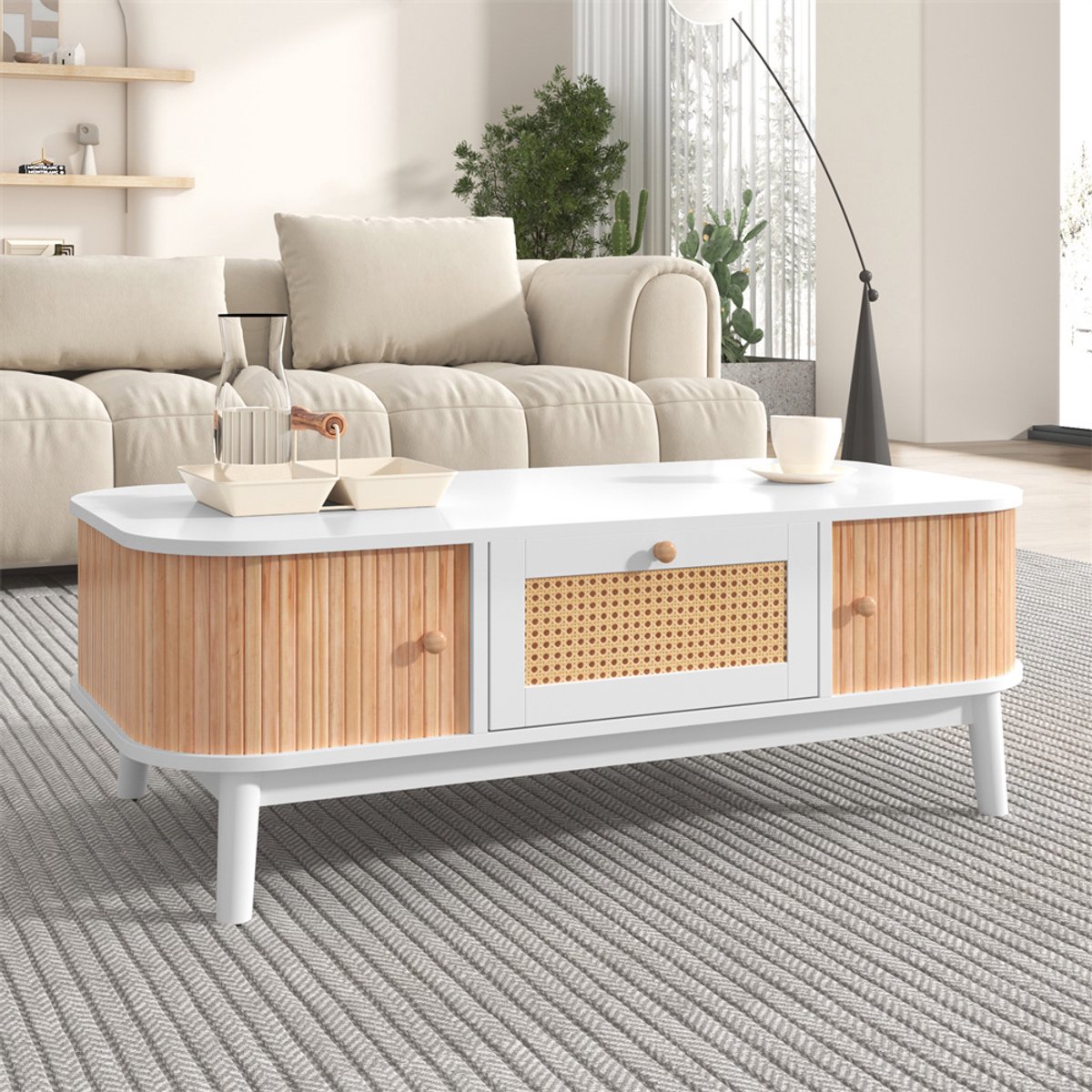 YEHTOKHOME Salontafel met lade en schuifdeuren - Rotan koffietafel - Massief houten latten - Massief houten poten - Natuurlijke landelijke stijl - Wit