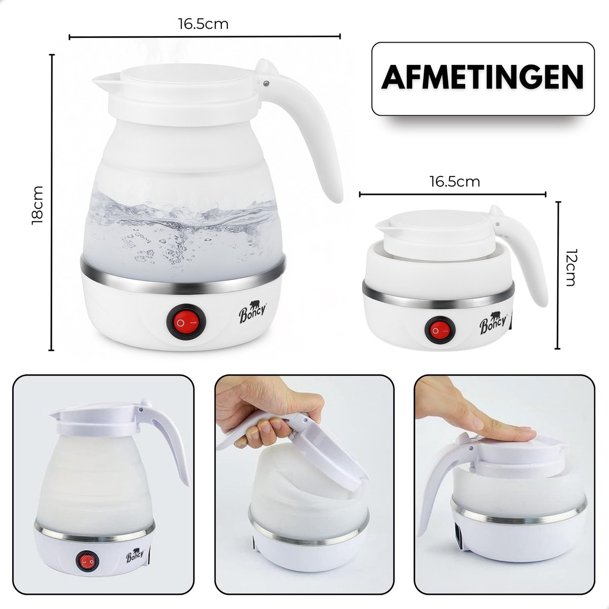 Boncy® Premium Mini Opvouwbare Waterkoker - 0.6 Liter Kleine Reiswaterkoker - Inklapbaar Wit - Reis Waterkokers voor Camping Hotel Senioren - Klein Draagbare Travel Water Koker Beige Creme - 0,5 L Grijs — afbeelding 5