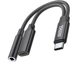 AdroitGoods USB-C naar jack adapter en opladen, 2-in-1 USB C naar 3,5 mm Aux-hoofdtelefoonadapter, ondersteunt PD 15W snel opladen, type C-adapter, Zwart