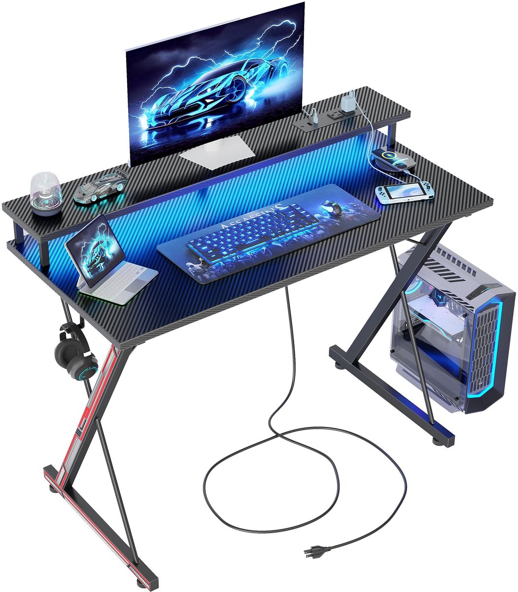 Ibenzoa Ergonomisch gaming bureau met LED-verlichting en ingebouwde stekkerdoos Zwart