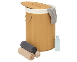 Lomera Bamboe Wasmand - Wasmand Met Deksel - 48 Liter Capaciteit - Ronde Wasmand - Natuurlijke Kleur - Afneembaar Deksel - Draaghengsels - Katoenen Waszak - Wasbare Zak - Metalen Ring Versteviging