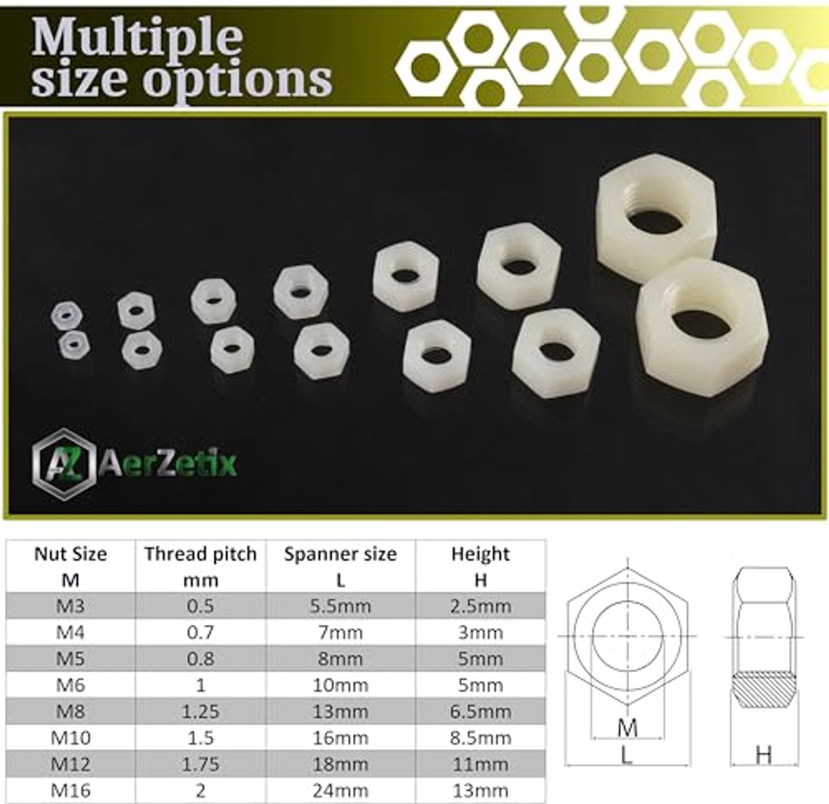 Set van 25 hex moeren M8x1.25mm - polyamide - kleur wit - veelzijdig voor hobbyprojecten