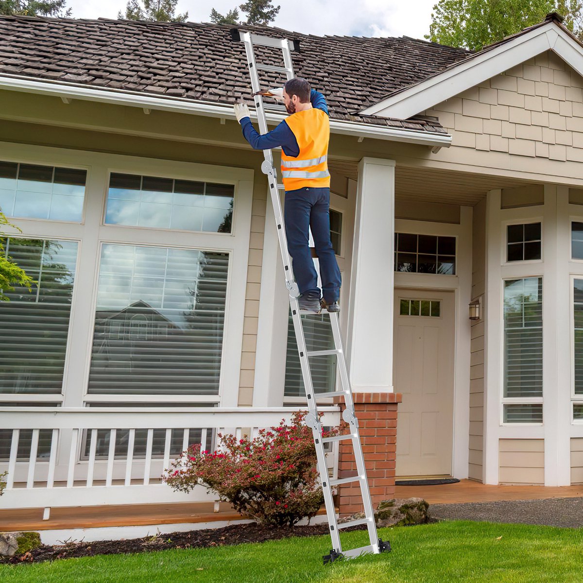 Multifunctionele vouwladder 6 in 1 - 4.7M Vouwladder 4 x 4 treden met platform - Aluminium Ladder, Mobiele Multifunctionele Ladder met Werkplatform, Stelling, Aluminium Rolsteiger, Huishoudladder, Draagvermogen tot 150 kg - Zilver – foto 5