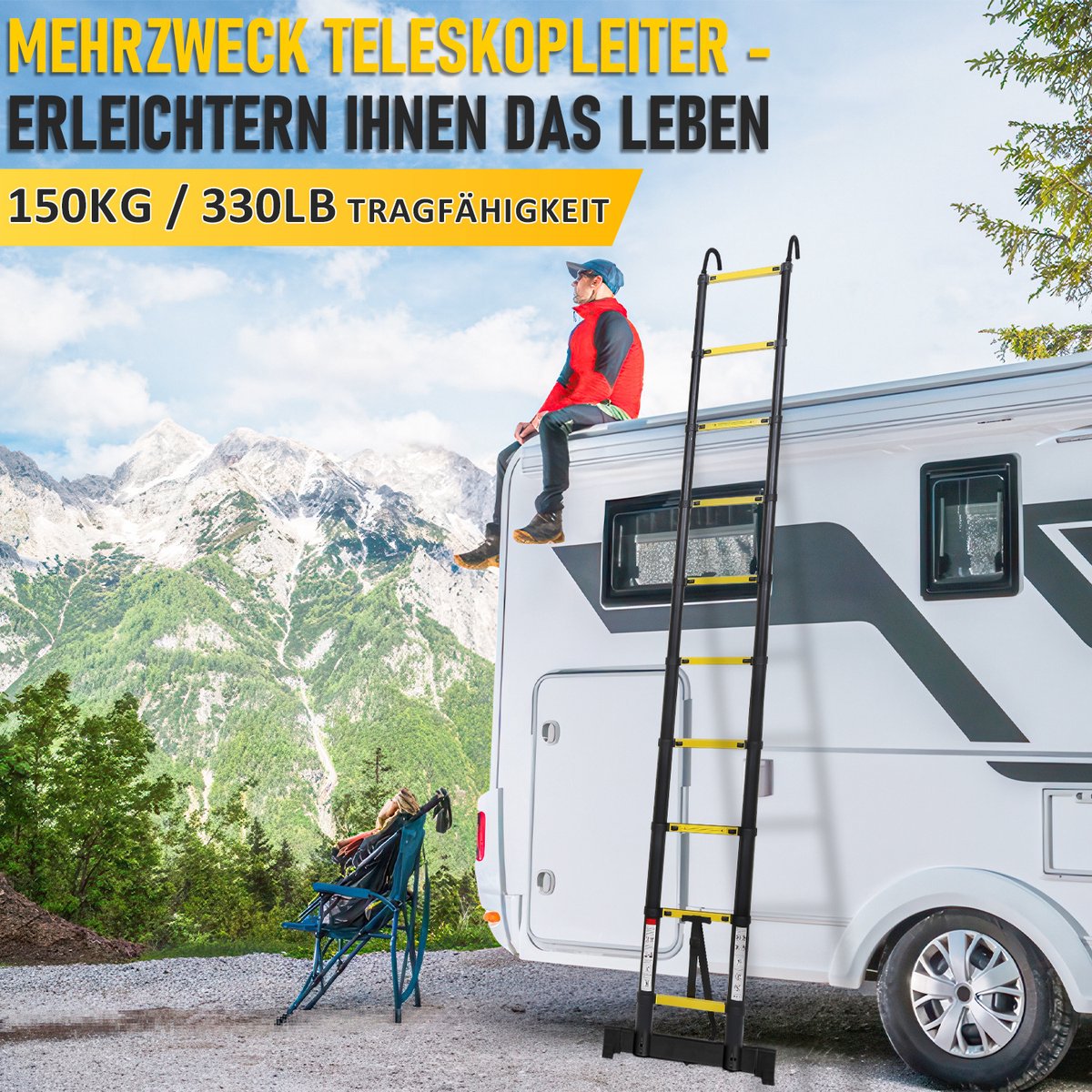 Telescopische Vouwladder - Telescopische Ladders - Werkhoogte 3,8M Zwart - zilverachtig - lichte uittrekbare ladder - met Barre d'équilibre en haken – foto 6