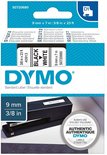 DYMO D1 standaard labelcassette, zwart op wit, 9 mm x 7 m. Verpakking toont "BLACK WHITE".