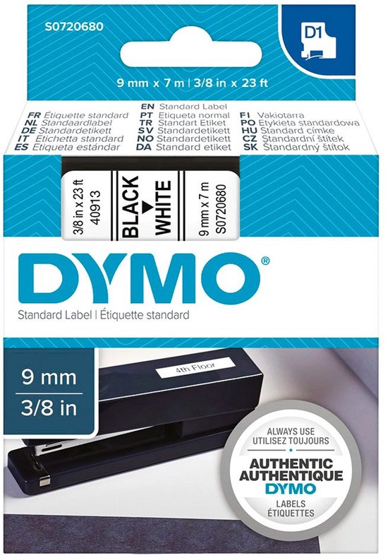 DYMO D1 standaard labelcassette, zwart op wit, 9 mm x 7 m. Verpakking toont "BLACK WHITE".
