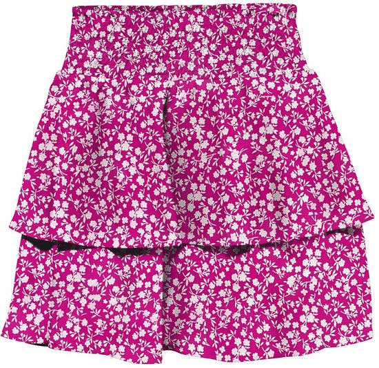 Fuchsia rok met witte bloemenprint, elastische tailleband en rucheslaag.