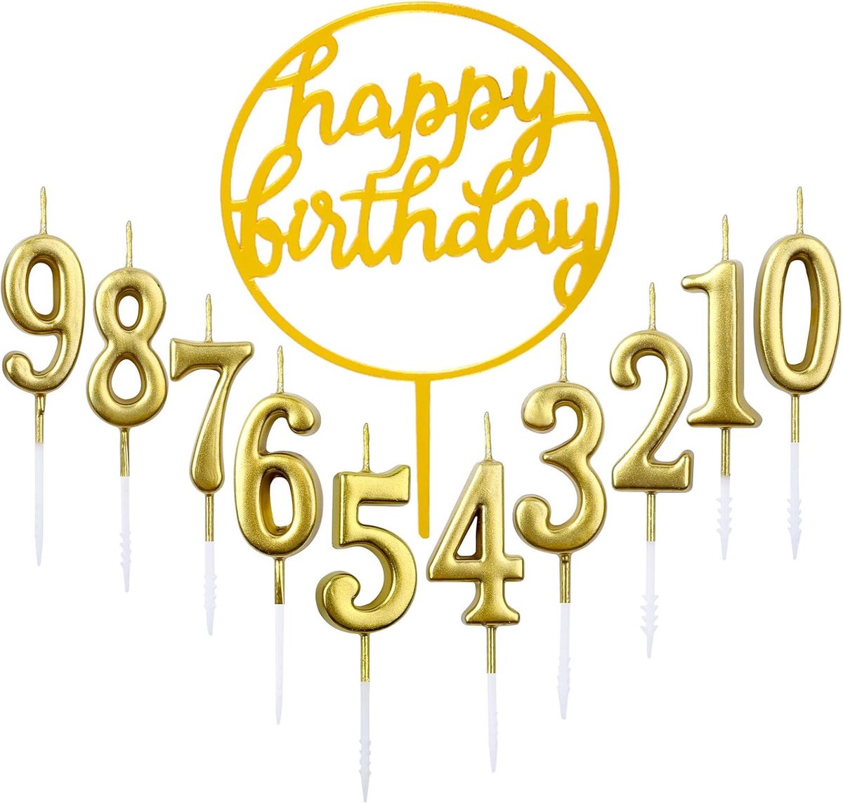 10 Stukken Verjaardagskaarsen - Gouden Nummer Cake Kaarsen - Verjaardag Kaarsen Nummer 0-9 met Gelukkige Verjaardag Topper