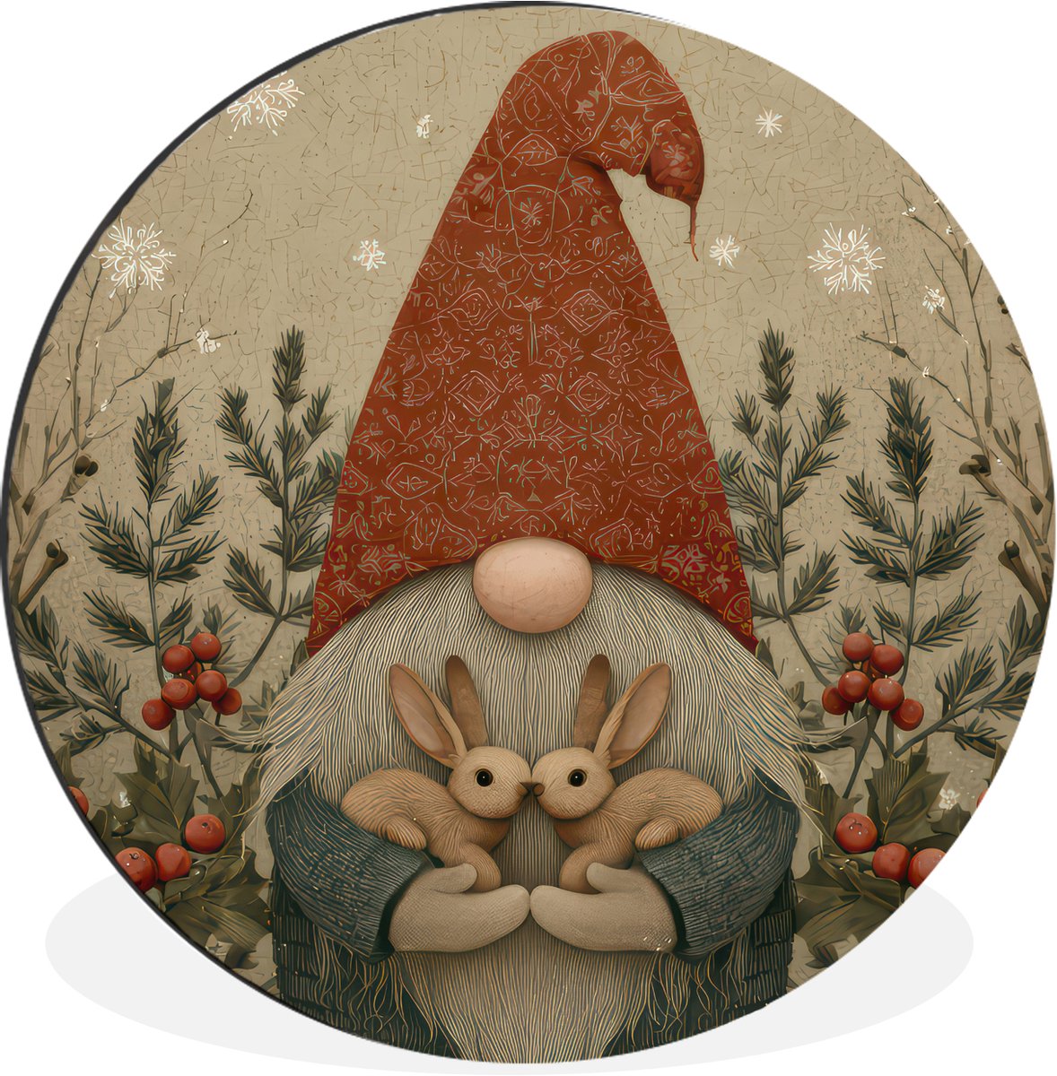 WallCircle Wandcirkel - Muurcirkel - Kerstgnome - Konijntjes - Kleurrijk - Aluminium - Dibond - 120x120 cm - Binnen en Buiten