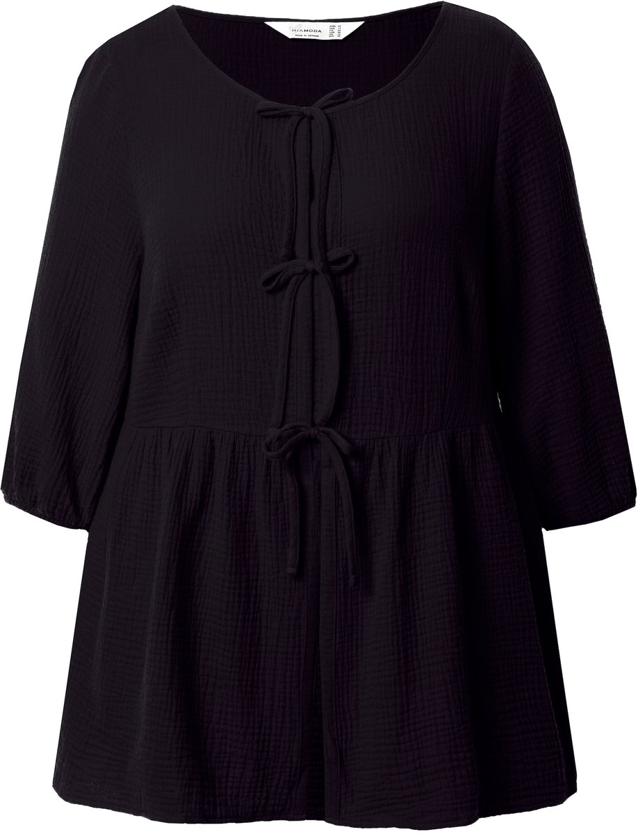 MIAMODA - Dames - Blouse A-lijn mousseline strikbandjes gerimpelde dwarsnaad - Zwart - Maat 44