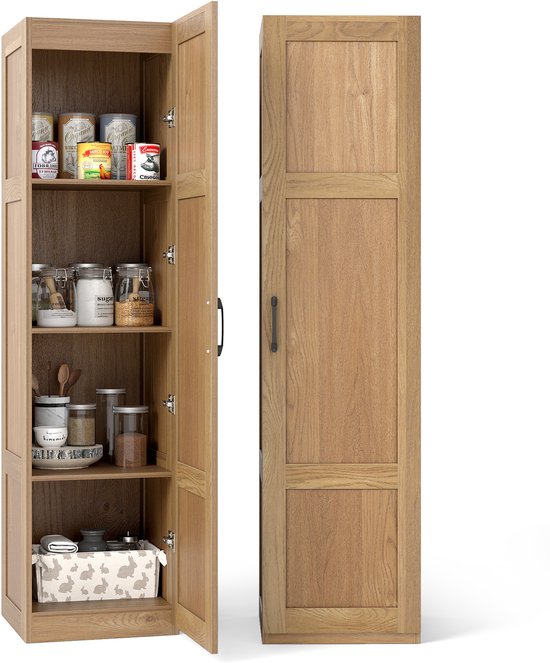 Houten keukenkast met 4 legplanken, gevuld met blikken, potten en mand.