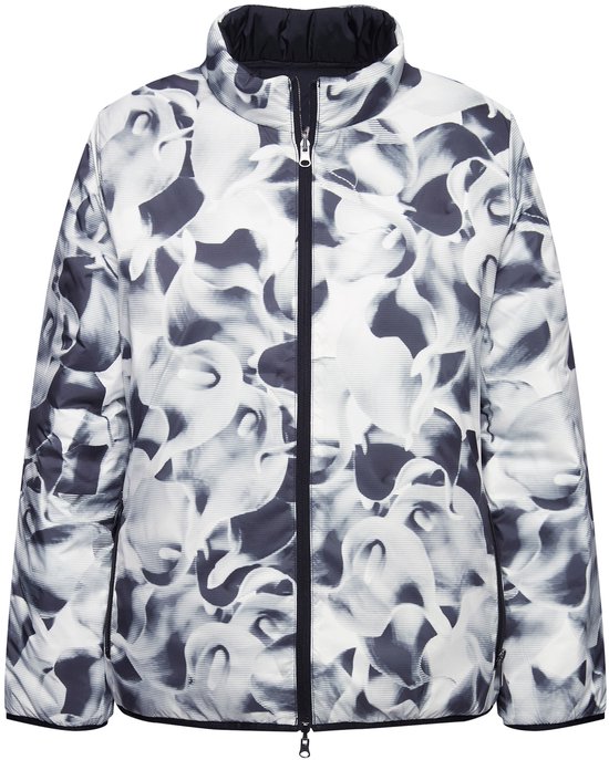 Omkeerbaar HYPRAR jack met zwart-witte abstracte print, opstaande kraag en zwarte ritssluiting.