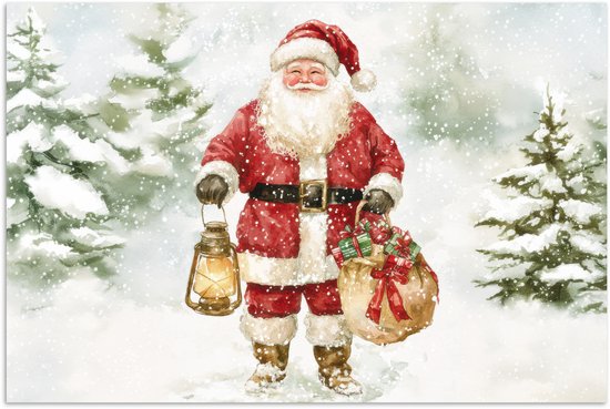 Poster 90x60 cm - Kerstman- Winter - Sneeuw - Wit - Rood - Posters - Kamer decoratie - Wanddecoratie woonkamer - Muurdecoratie slaapkamer - Kerstversiering - Kerstdecoratie voor binnen - Kerstmis