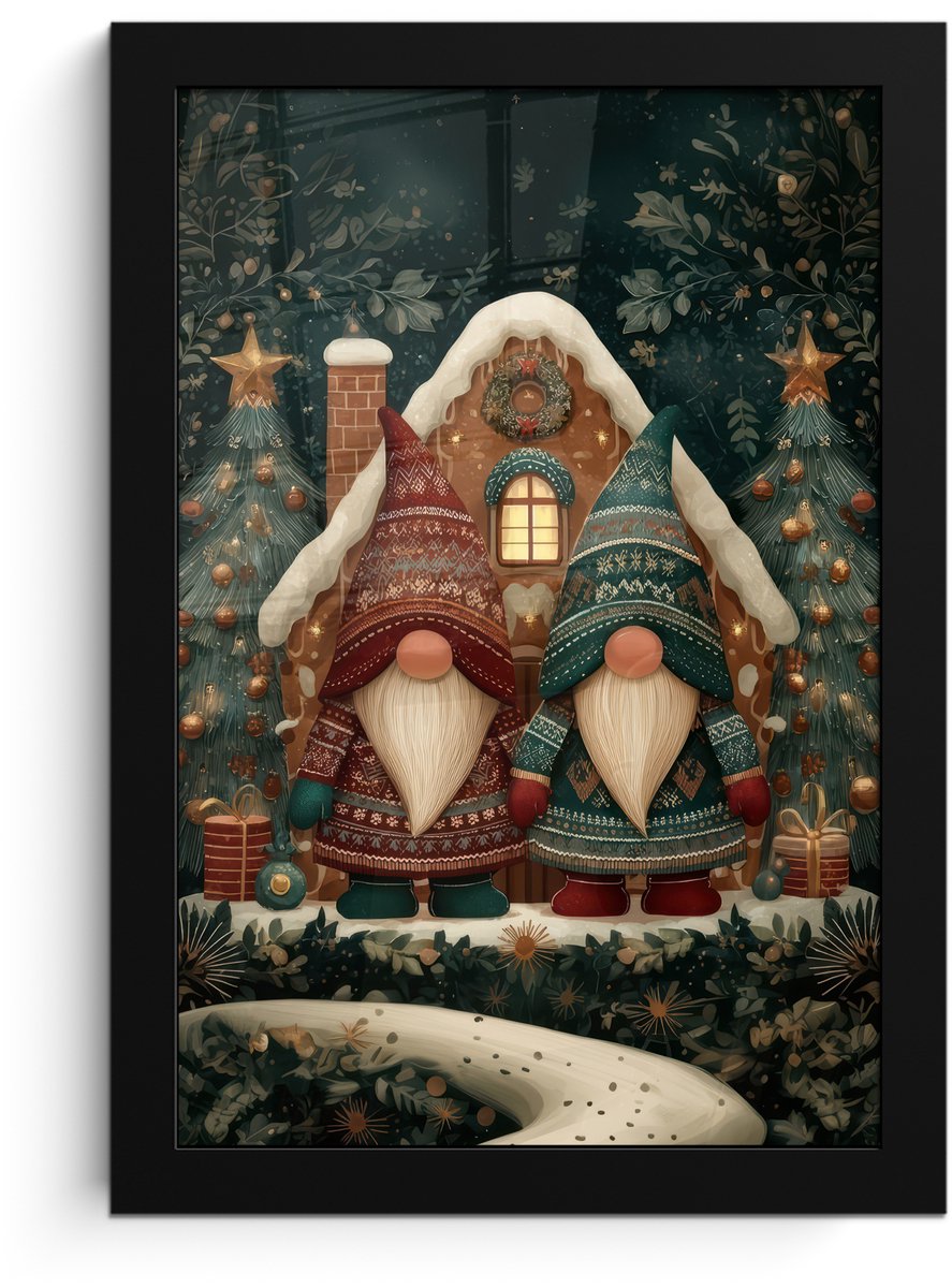 FrameYourWall Poster in lijst - Fotolijst 20x30 cm - Posters - Kerst - Gnomen - Peperkoekhuisje - Rood - Groen - Posterlijst zwart - Decoratie - Wanddecoratie woonkamer - Muurdecoratie slaapkamer - Kerstversiering - Kerstdecoratie voor binnen - Kerstmis Kerst - Gnomen - Huisje - Rood - Groen