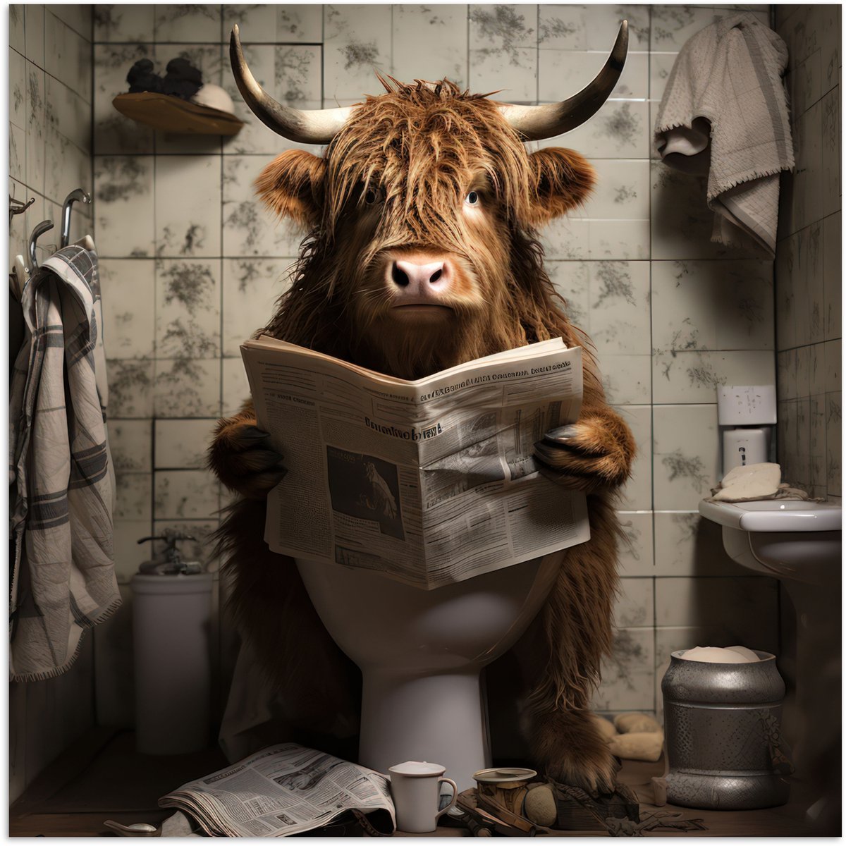 Poster 30x30 cm - Schotse hooglander - Toilet - Krant - Badkamer - Posters - Kamer decorat