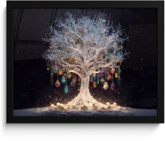 Poster in lijst - Fotolijst 40x30 cm - Posters - Sneeuwboom - Lichtjes - Wit - Kleurrijk - Posterlijst zwart - Decoratie - Wanddecoratie woonkamer - Muurdecoratie slaapkamer - Kerstversiering - Kerstdecoratie voor binnen - Kerstmis