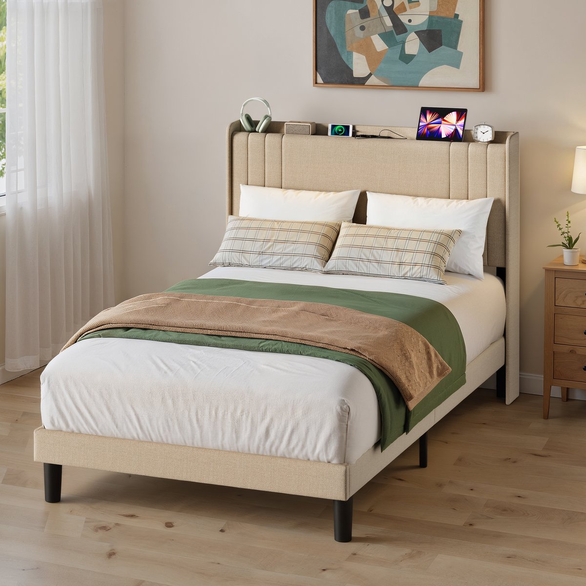Xbro Gestoffeerd Bed 120 x 200 cm – met LED-Verlichting & USB/Type-C Oplaadpoort – Tweepersoonsbed met Hoofdbord en Lattenbodem – Beige — cadeau in Cadeau-ideeën - foto 3