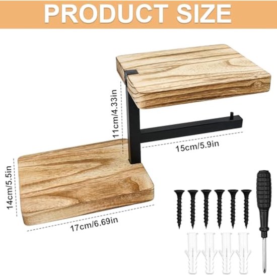 THYGIFTREE Toiletpapierhouder van hout met plank, wc-rolhouder met box voor vochtige doekjes, wandmontage, wc-papierhouder voor badkamer (zwart