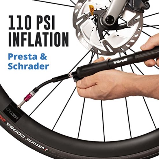 Mini fietspomp met meter voor Presta en Schrader ventielen - Draagbare fietspomp voor hoge druk 110 PSI - Ideaal voor weg, berg en BMX fietsen — afbeelding 4