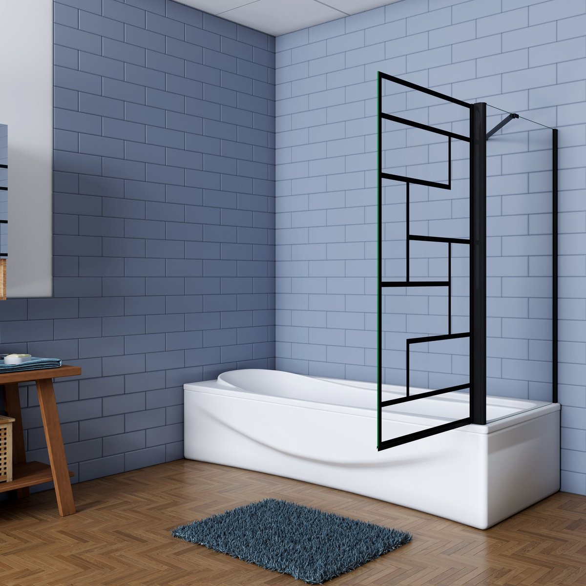 Aica Industriële Badwand 80x80x140cm -Draaibaar 6mm Zwart Gehard Glas met Onregelmatig Blokpatroon-Mat Zwart Frame-Eenvoudige Montage