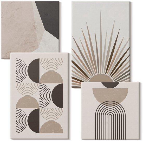 Wallfluent Set van canvas schilderijen - Abstracte vormen in tinten beige en bruin Canvas Schilderijen Set - Set van 4 Canvas Schilderijen - Beige Set van Canvas Prints - Abstractie Canvas Kunst Set - Boheemse Canvas Kunst Set