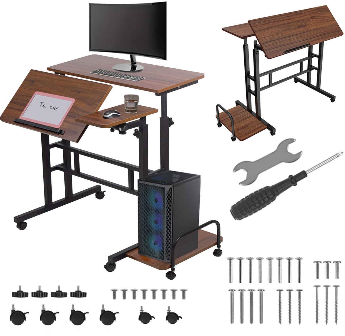 Maclean - Bureau - verrijdbaar - Blad 80x60cm - max. 50kg - hoogteverstelling 67-115 cm, MC-124 B - Zwart