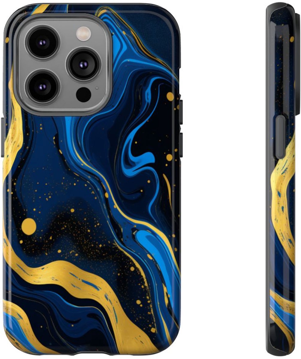Neonblauw en Goud Marmer Abstract – Telefoonhoesje Geschikt voor iPhone 14 Pro