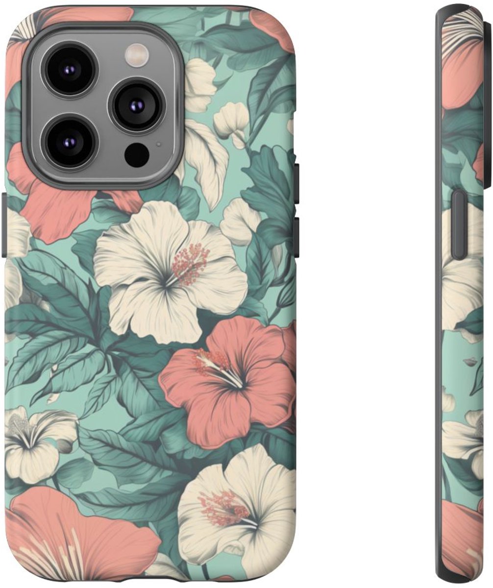 Pastel Hibiscus Bloemenpatroon – Telefoonhoesje Geschikt voor iPhone 14 Pro