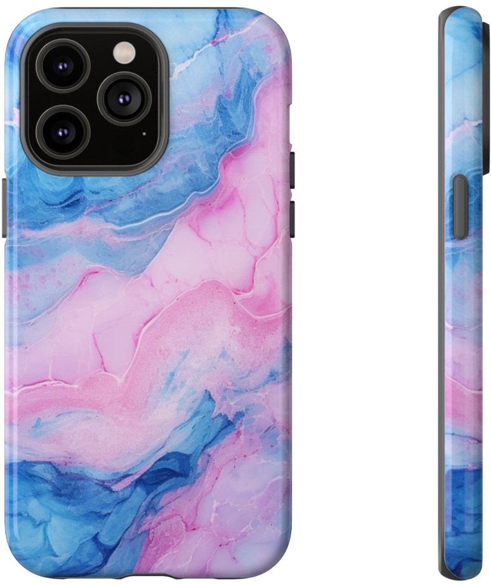 Blauw-Roze Marmerstructuur – Glanzend Stevig Hoesje Geschikt voor iPhone 14 Pro Max