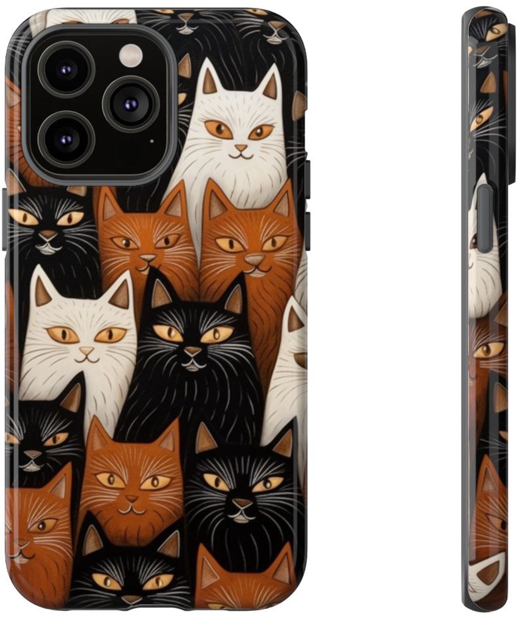 Zwart-Bruin-Wit Kattenpatroon – Glanzend Stevig Hoesje Geschikt voor iPhone 14 Pro Max
