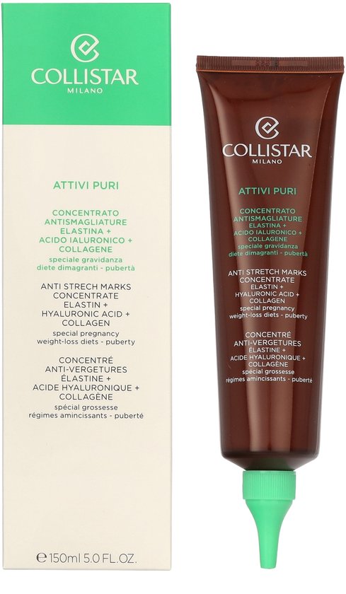 Collistar Anti-Stretch Marks serum in bruine tube met groene dop, naast de bijbehorende groene doos.